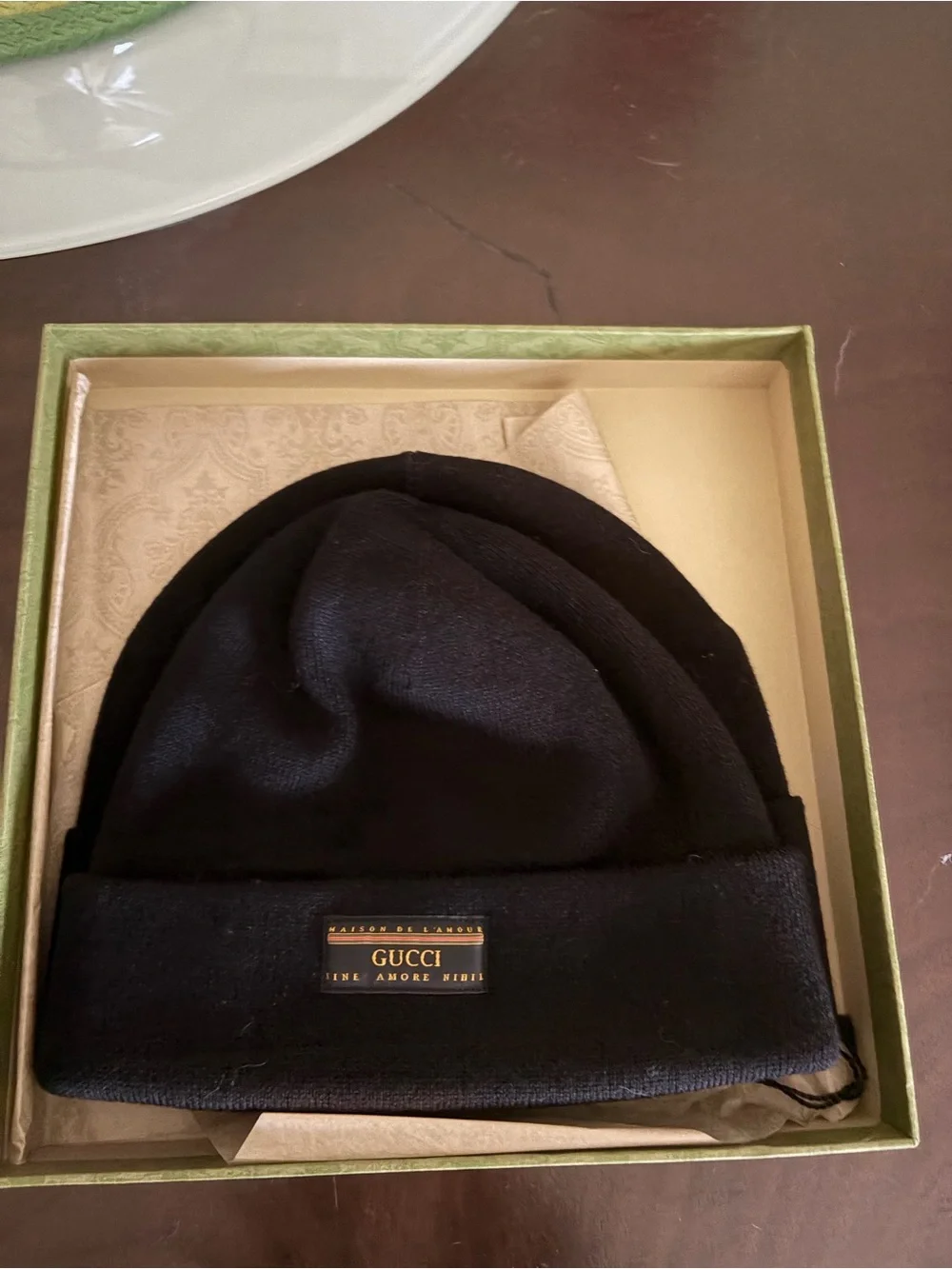 Gucci Black Beanie with Branded Leather Patch